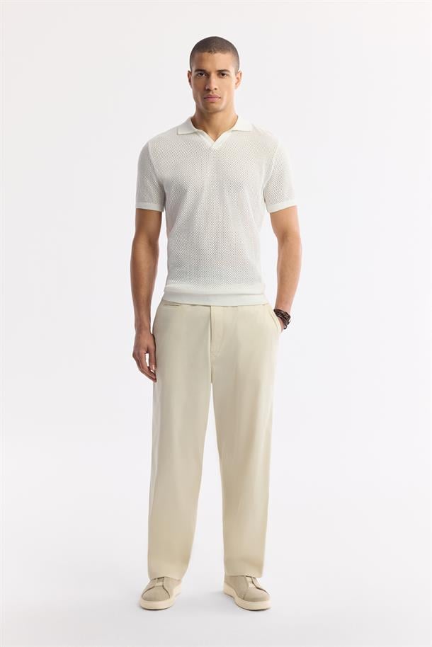 Ekru Polo Yaka Viskon Karışımlı Triko T-Shirt