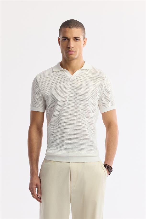 Ekru Polo Yaka Viskon Karışımlı Triko T-Shirt