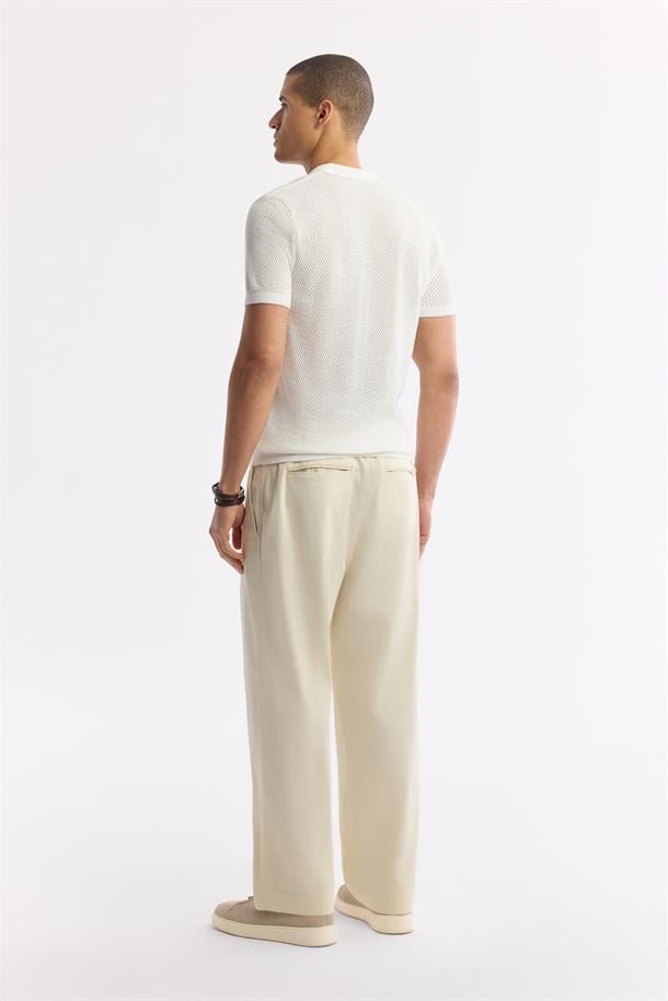 Ekru Polo Yaka Viskon Karışımlı Triko T-Shirt