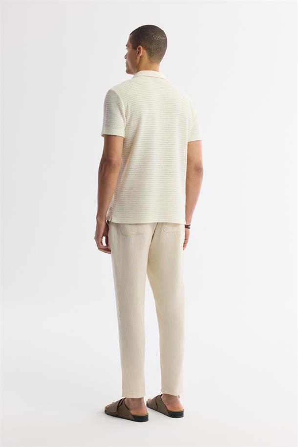 Ekru Apaj Yaka Çizgili Pamuklu Jakarlı T-Shirt