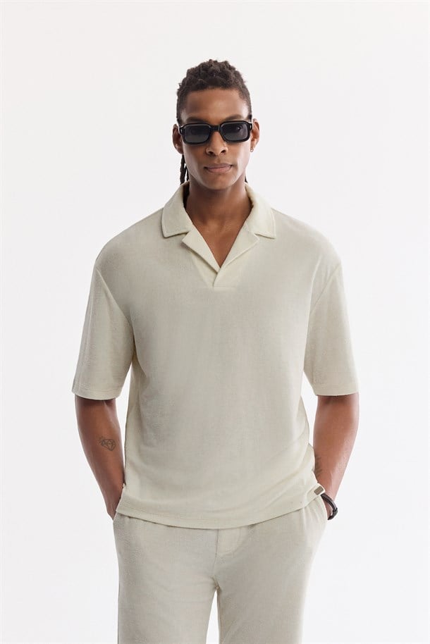 Ekru Apaj Yaka Pamuklu Soft Touch T-Shirt