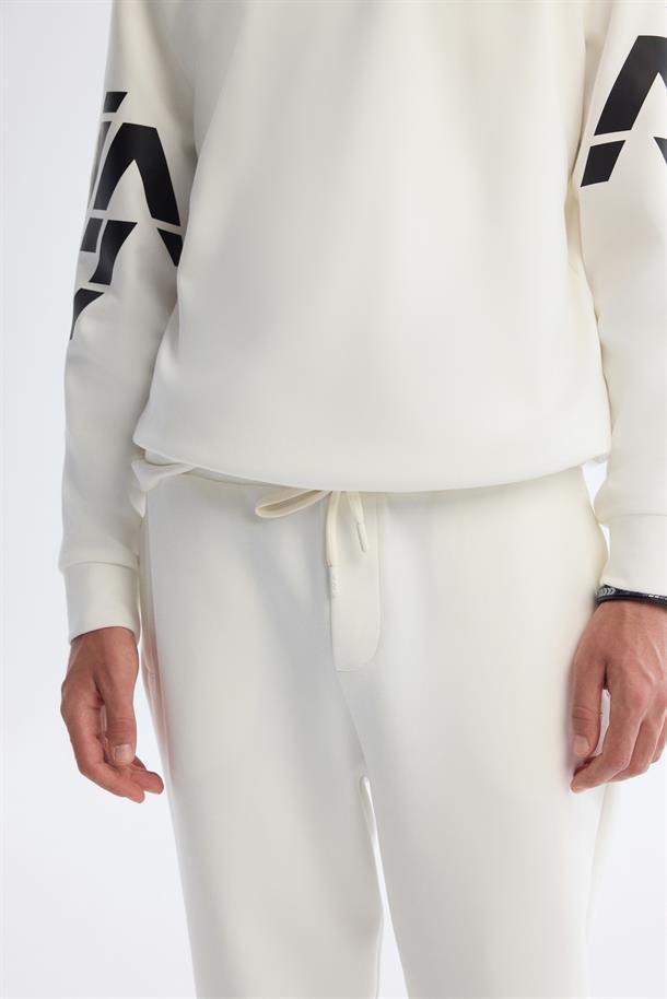 Ekru Beli Lastikli Bağcıklı Elastan Eşofman Altı