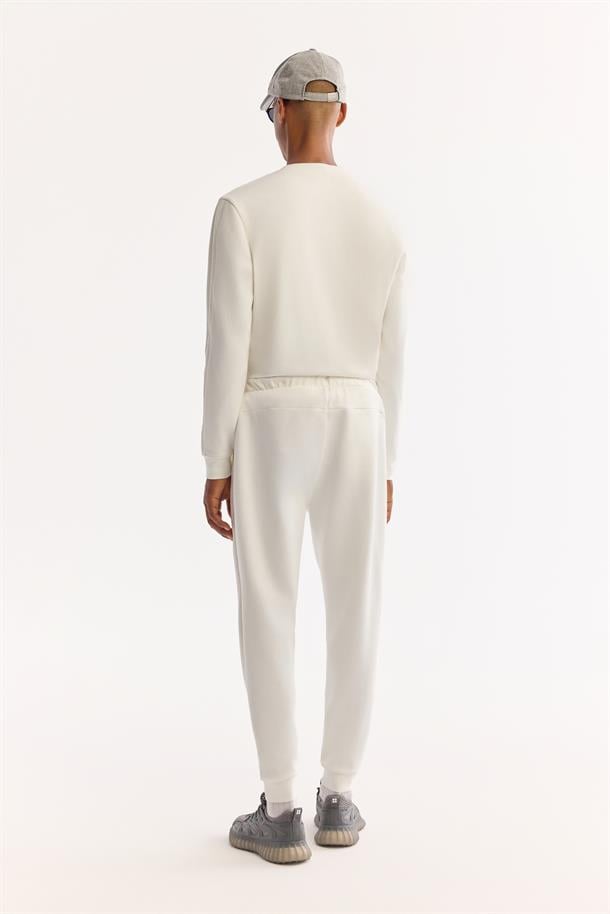 Ekru Beli Lastikli Bağcıklı Pamuklu Bi-Stretch Eşofman Altı