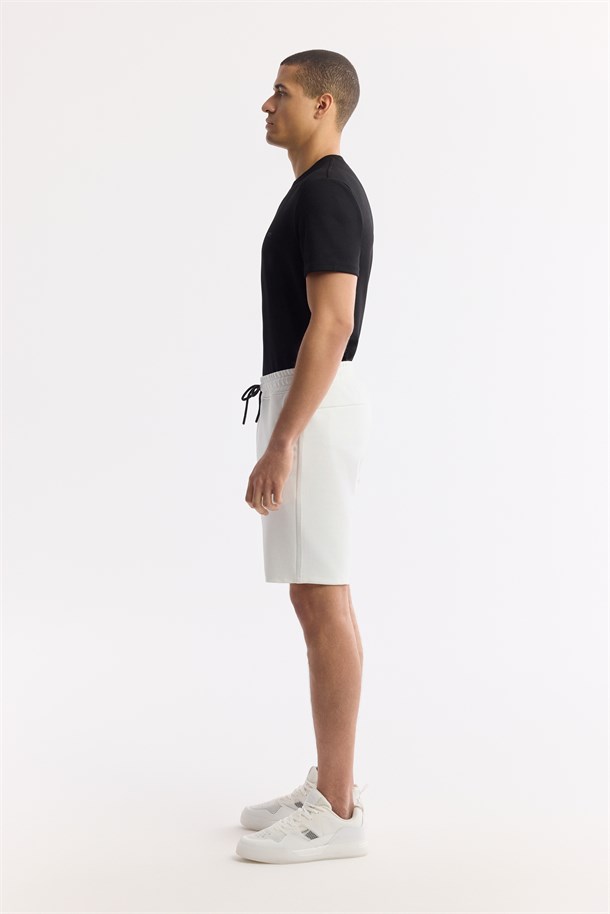 Ekru Beli Lastikli Bağcıklı Bi-Stretch İnterlok Şort
