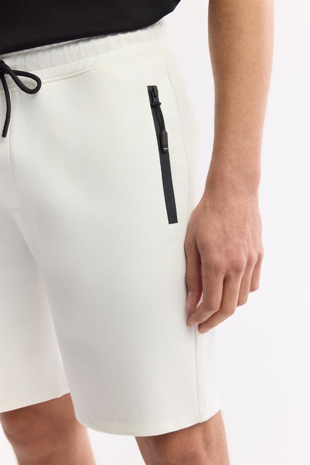 Ekru Beli Lastikli Bağcıklı Bi-Stretch İnterlok Şort