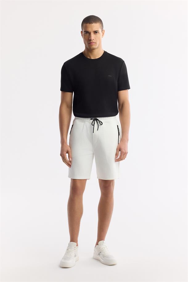 Ekru Beli Lastikli Bağcıklı Bi-Stretch İnterlok Şort