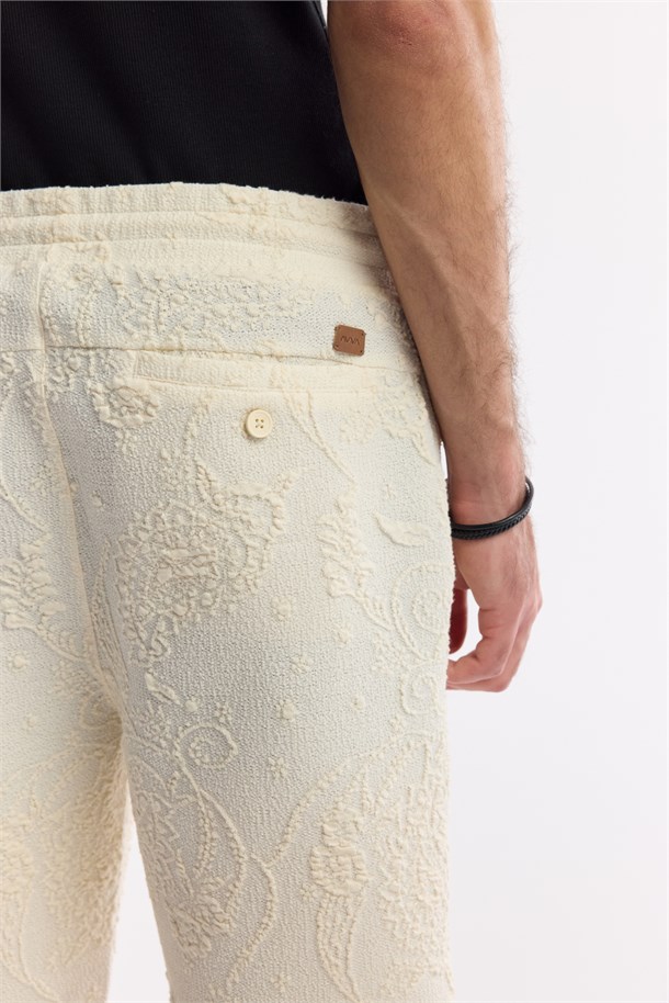 Ekru Beli Lastikli Bağcıklı Pamuklu Örme Şort