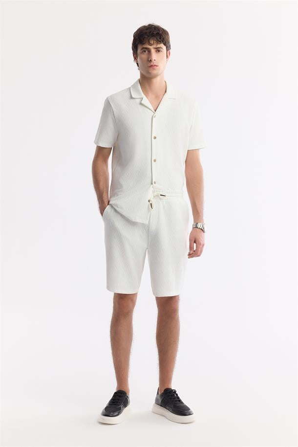 Ekru Beli Lastikli Bağcıklı Viskon Karışımlı Örme Şort