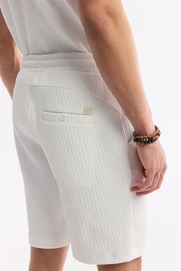 Ekru Beli Lastikli Bağcıklı Pamuklu Örme Şort