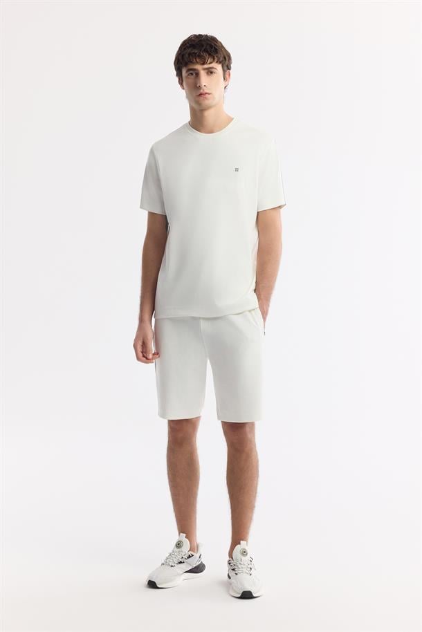 Ekru Beli Lastikli Bağcıklı Bi-Stretch İnterlok Örme Şort