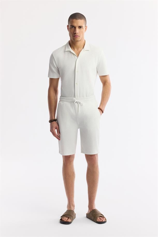 Ekru Beli Lastikli Bağcıklı Pamuklu Örme Şort