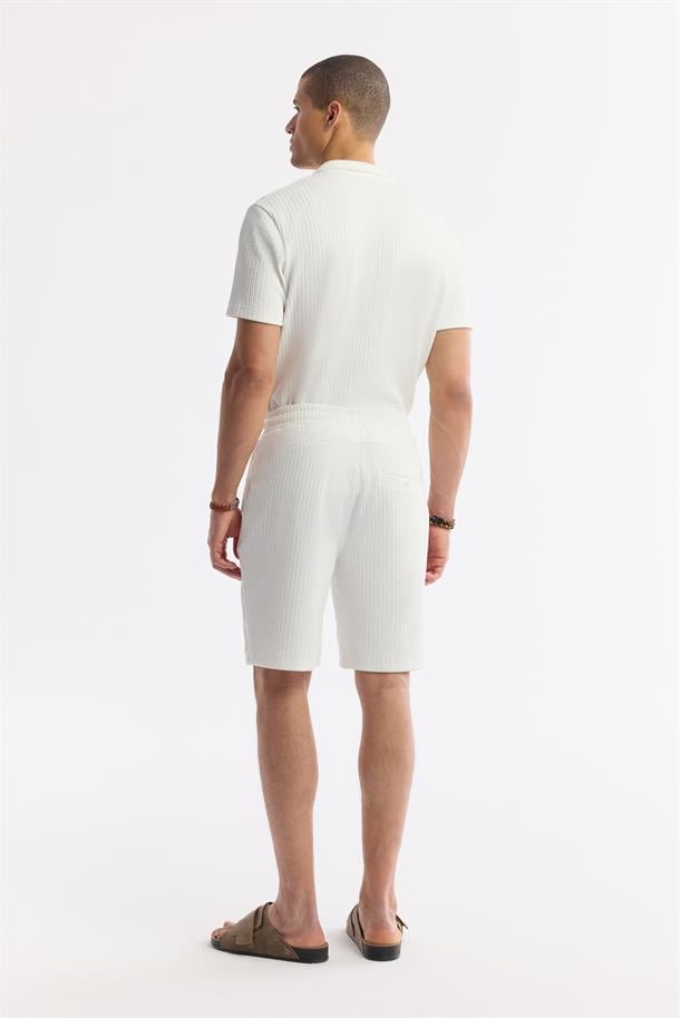 Ekru Beli Lastikli Bağcıklı Pamuklu Örme Şort