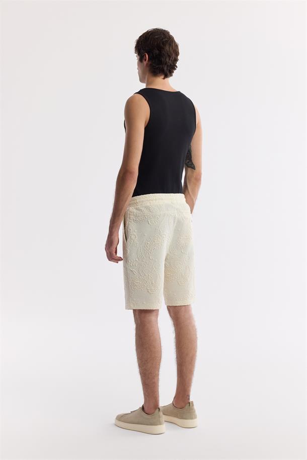 Ekru Beli Lastikli Bağcıklı Pamuklu Örme Şort