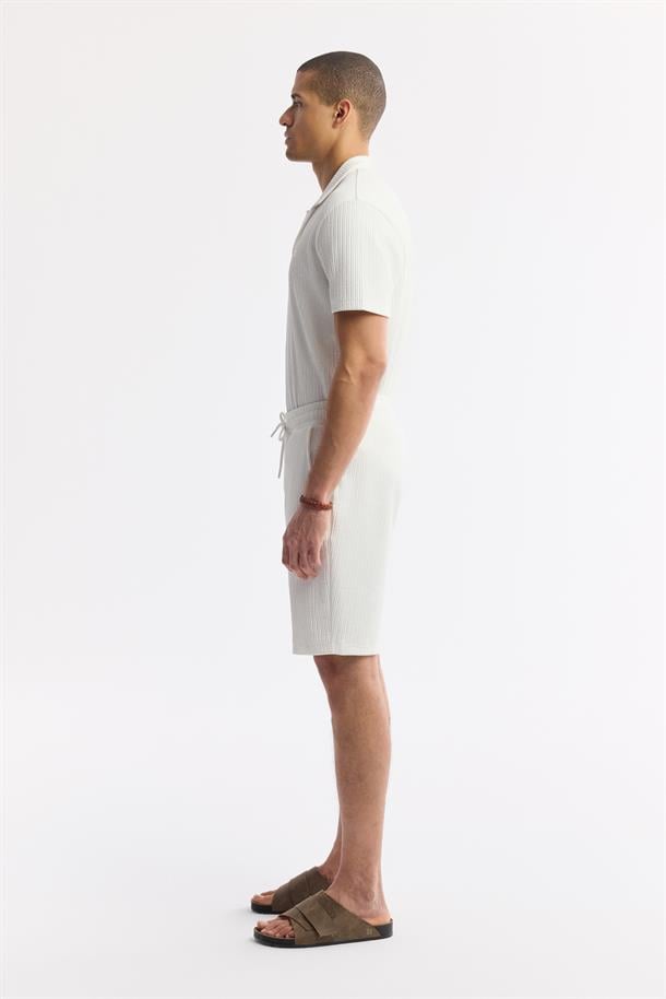 Ekru Beli Lastikli Bağcıklı Pamuklu Örme Şort