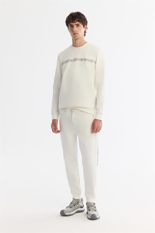 Ekru Beli Lastikli Bağcıklı Elastan Eşofman Altı