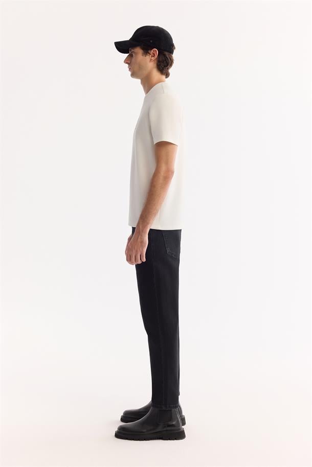 Ekru Bisiklet Yaka Viskon Karışımlı Bi-Stretch Baskılı T-Shirt