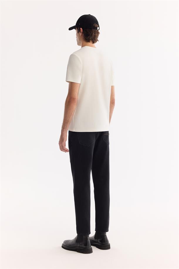 Ekru Bisiklet Yaka Viskon Karışımlı Bi-Stretch Baskılı T-Shirt