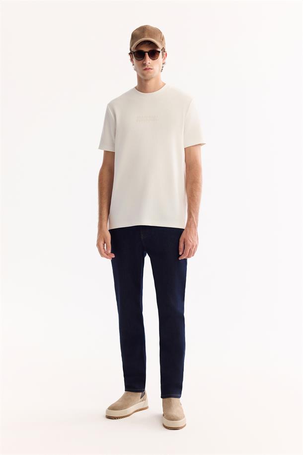 Ekru Bisiklet Yaka Viskon Karışımlı Bi-Stretch Baskılı T-Shirt