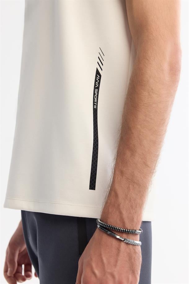 Ekru Bisiklet Yaka Baskılı Elastan T-Shirt