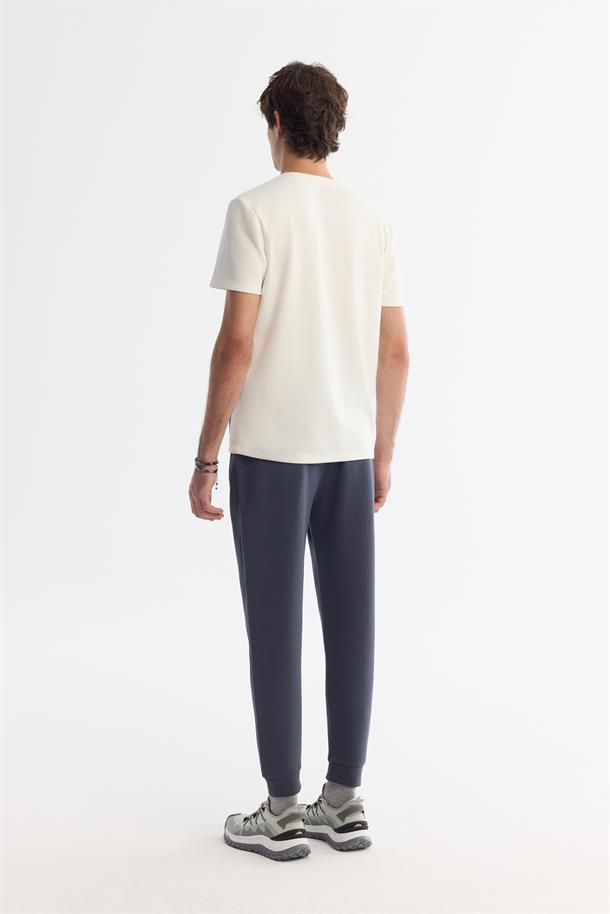 Ekru Bisiklet Yaka Baskılı Elastan T-Shirt