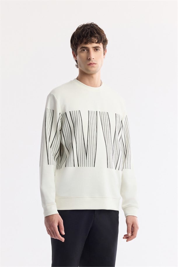 Ekru Bisiklet Yaka Baskılı Bi-Stretch İnterlok Sweatshirt