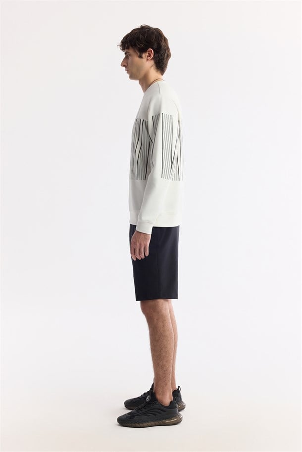 Ekru Bisiklet Yaka Baskılı Bi-Stretch İnterlok Sweatshirt
