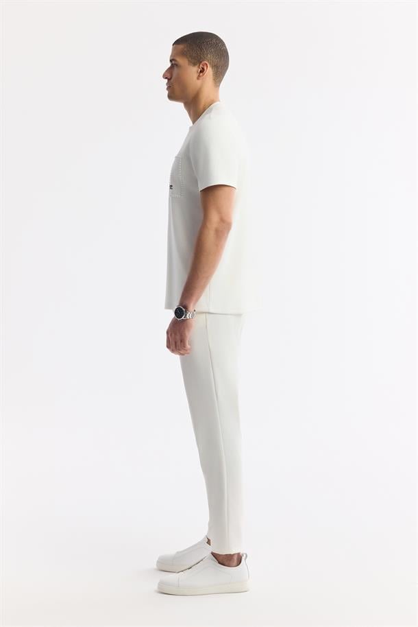 Ekru Bisiklet Yaka Baskılı Bi-Stretch İnterlok T-Shirt