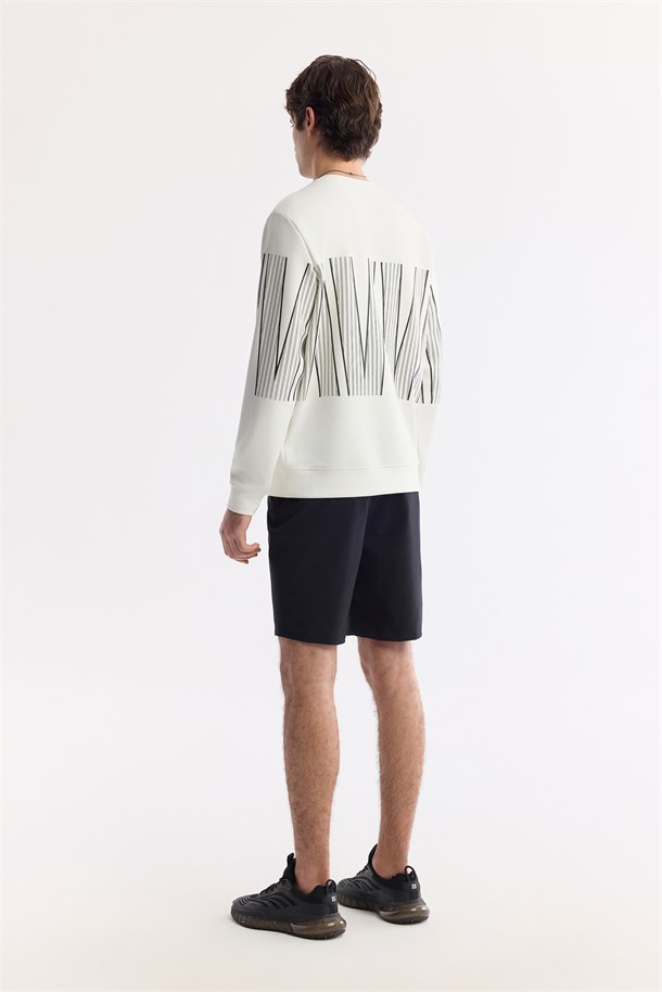 Ekru Bisiklet Yaka Baskılı Bi-Stretch İnterlok Sweatshirt