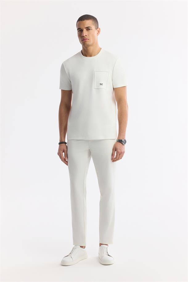 Ekru Bisiklet Yaka Baskılı Bi-Stretch İnterlok T-Shirt