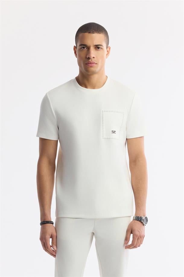 Ekru Bisiklet Yaka Baskılı Bi-Stretch İnterlok T-Shirt