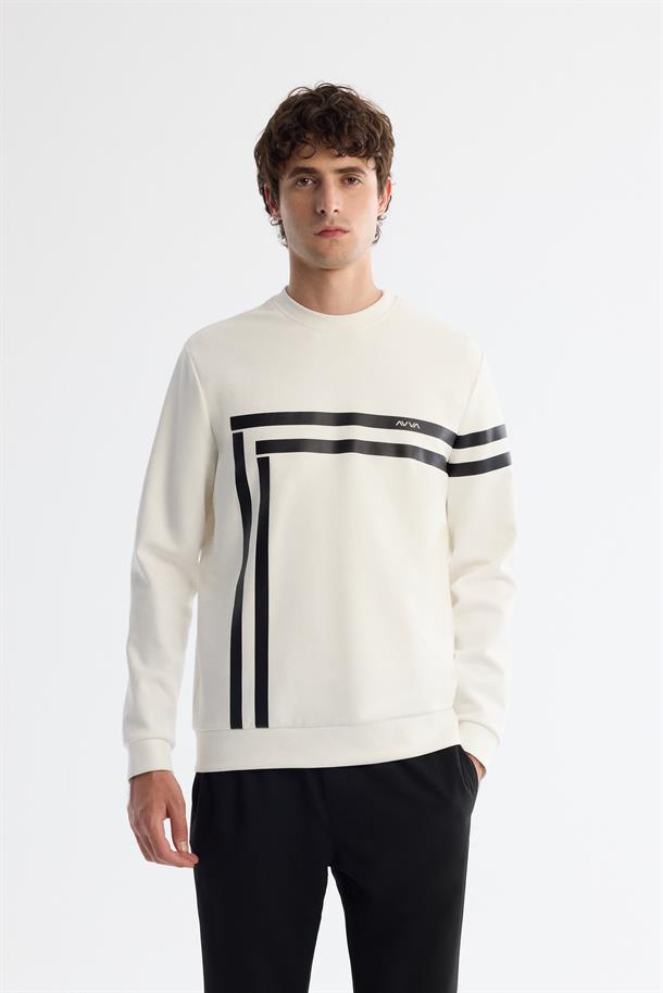 Ekru Bisiklet Yaka Pamuklu Baskılı Elastan Sweatshirt