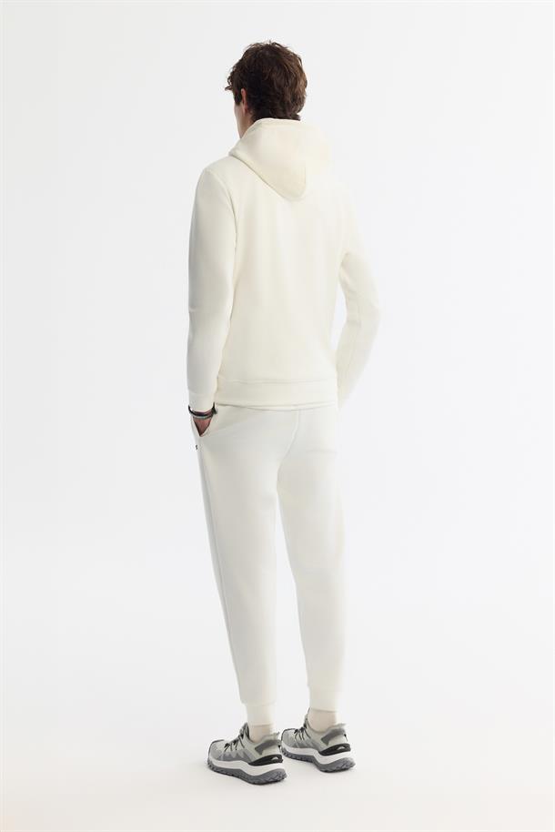 Ekru Kapüşonlu Baskılı Elastan Sweatshirt