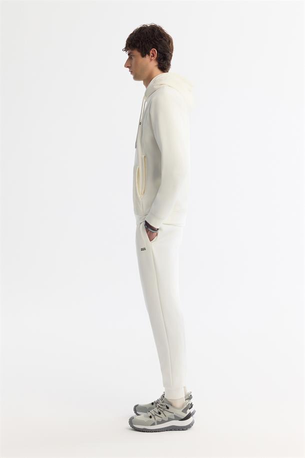 Ekru Kapüşonlu Baskılı Elastan Sweatshirt