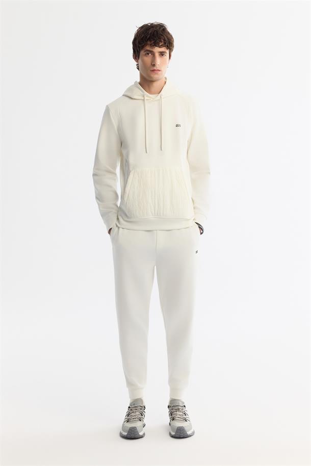 Ekru Kapüşonlu Baskılı Elastan Sweatshirt