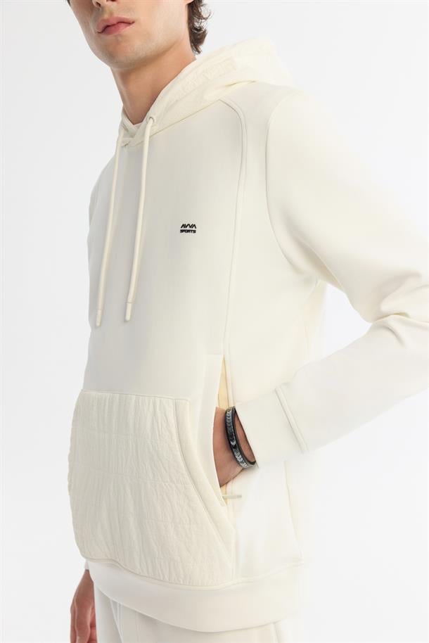 Ekru Kapüşonlu Baskılı Elastan Sweatshirt