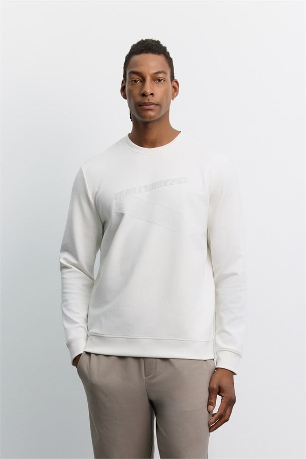 Ekru Bisiklet Yaka Enjeksiyon Baskılı İnterlok Sweatshirt