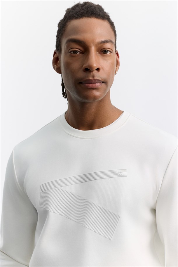 Ekru Bisiklet Yaka Enjeksiyon Baskılı İnterlok Sweatshirt