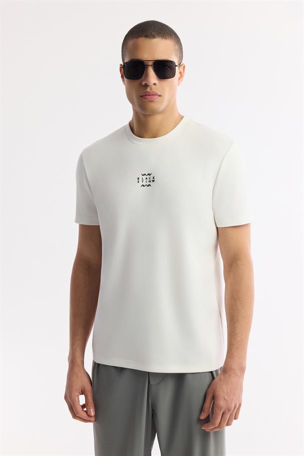 Ekru Bisiklet Yaka Baskılı Bi-Stretch İnterlok T-Shirt