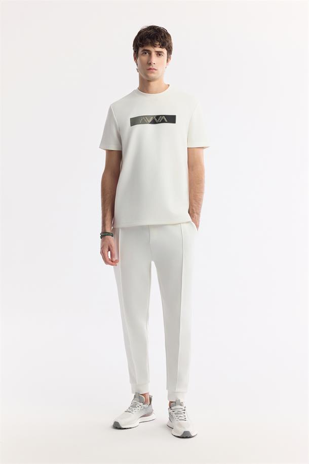 Ekru Bisiklet Yaka Baskılı Bi-Stretch İnterlok T-Shirt