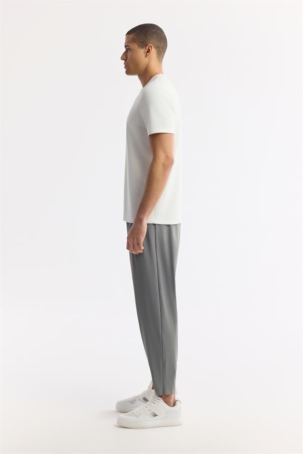 Ekru Bisiklet Yaka Baskılı Bi-Stretch İnterlok T-Shirt