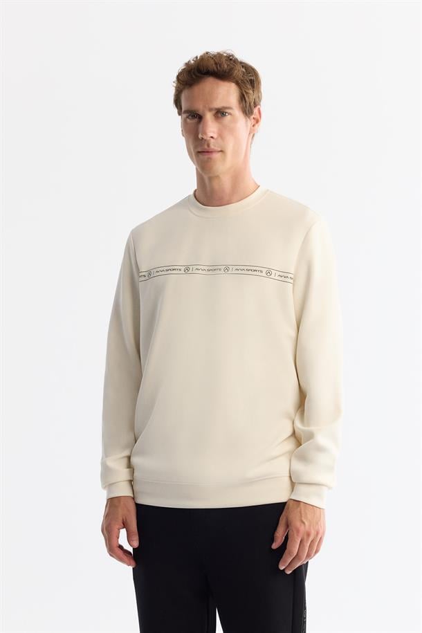 Ekru Bisiklet Yaka Baskılı Soft Touch Sweatshirt