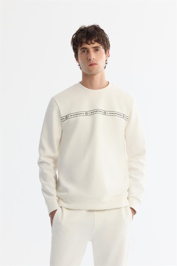 Ekru Bisiklet Yaka Pamuklu Baskılı Elastan Sweatshirt