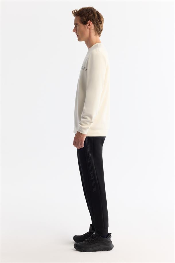 Ekru Bisiklet Yaka Baskılı Soft Touch Sweatshirt