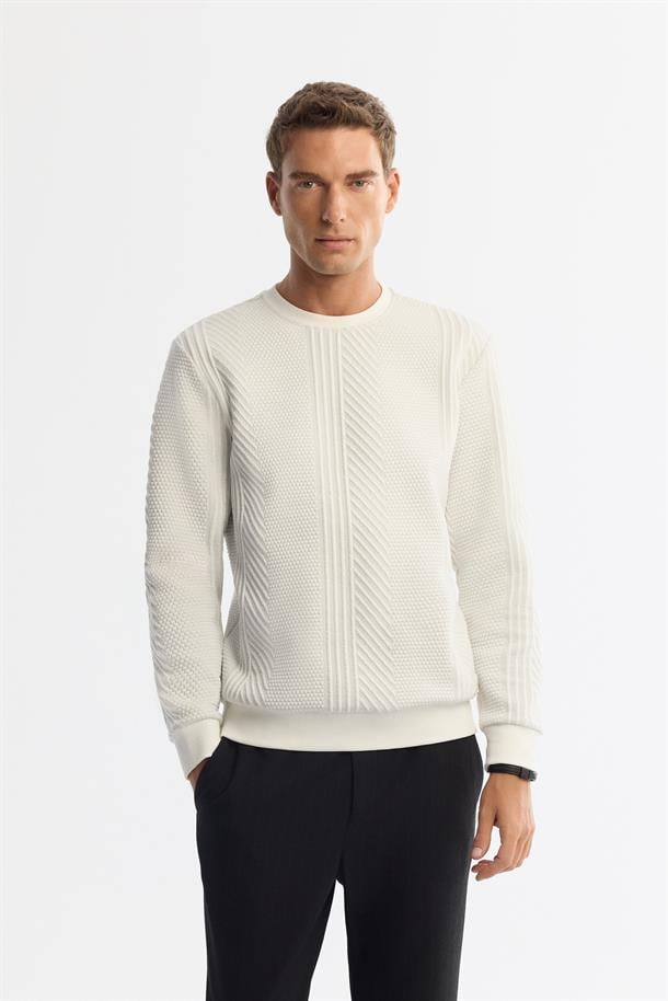 Ekru Bisiklet Yaka Baskılı Elastan Sweatshirt