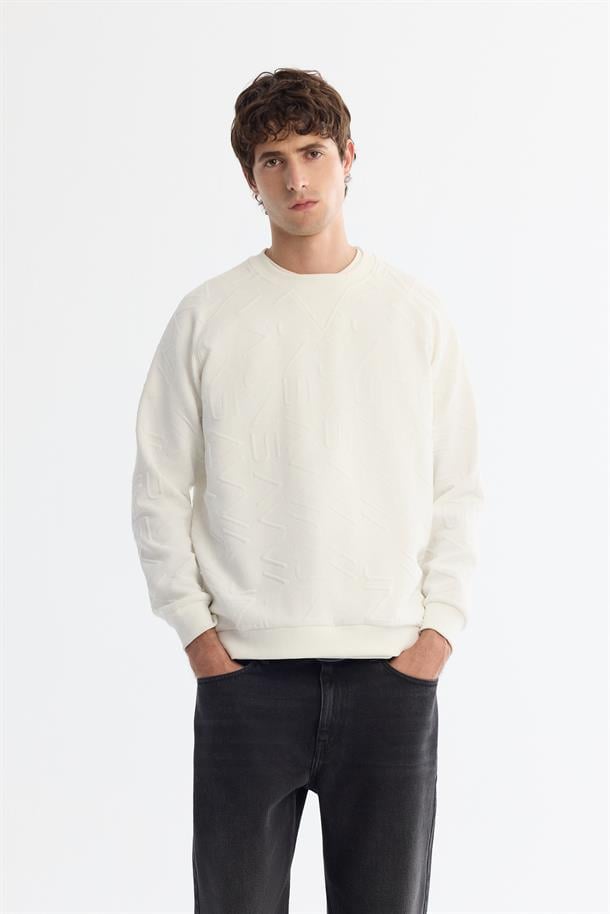 Ekru Bisiklet Yaka Baskılı Elastan Sweatshirt