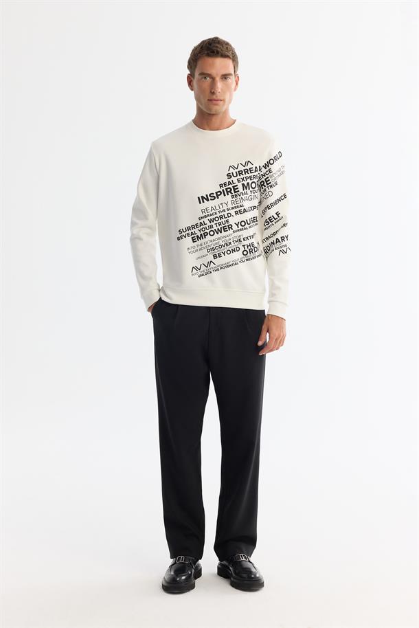 Ekru Bisiklet Yaka Pamuklu Baskılı Sweatshirt