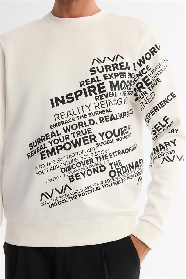 Ekru Bisiklet Yaka Pamuklu Baskılı Sweatshirt