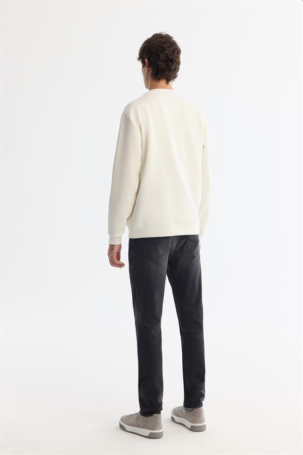 Ekru Bisiklet Yaka Pamuklu Baskılı Elastan Sweatshirt