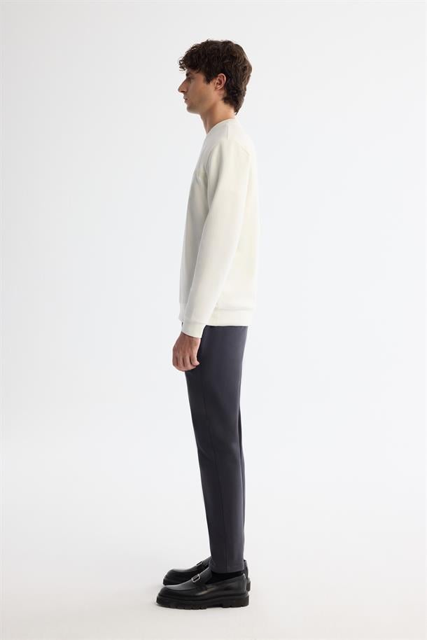 Ekru Bisiklet Yaka Pamuklu Baskılı Elastan Sweatshirt