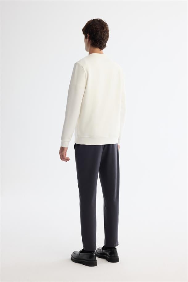 Ekru Bisiklet Yaka Pamuklu Baskılı Elastan Sweatshirt